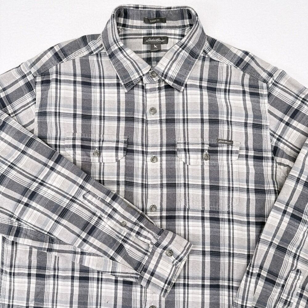 Eddie Bauer Shirt Men’s Size Large Classic Fit Gray Plaid Button Up Hiking Camp